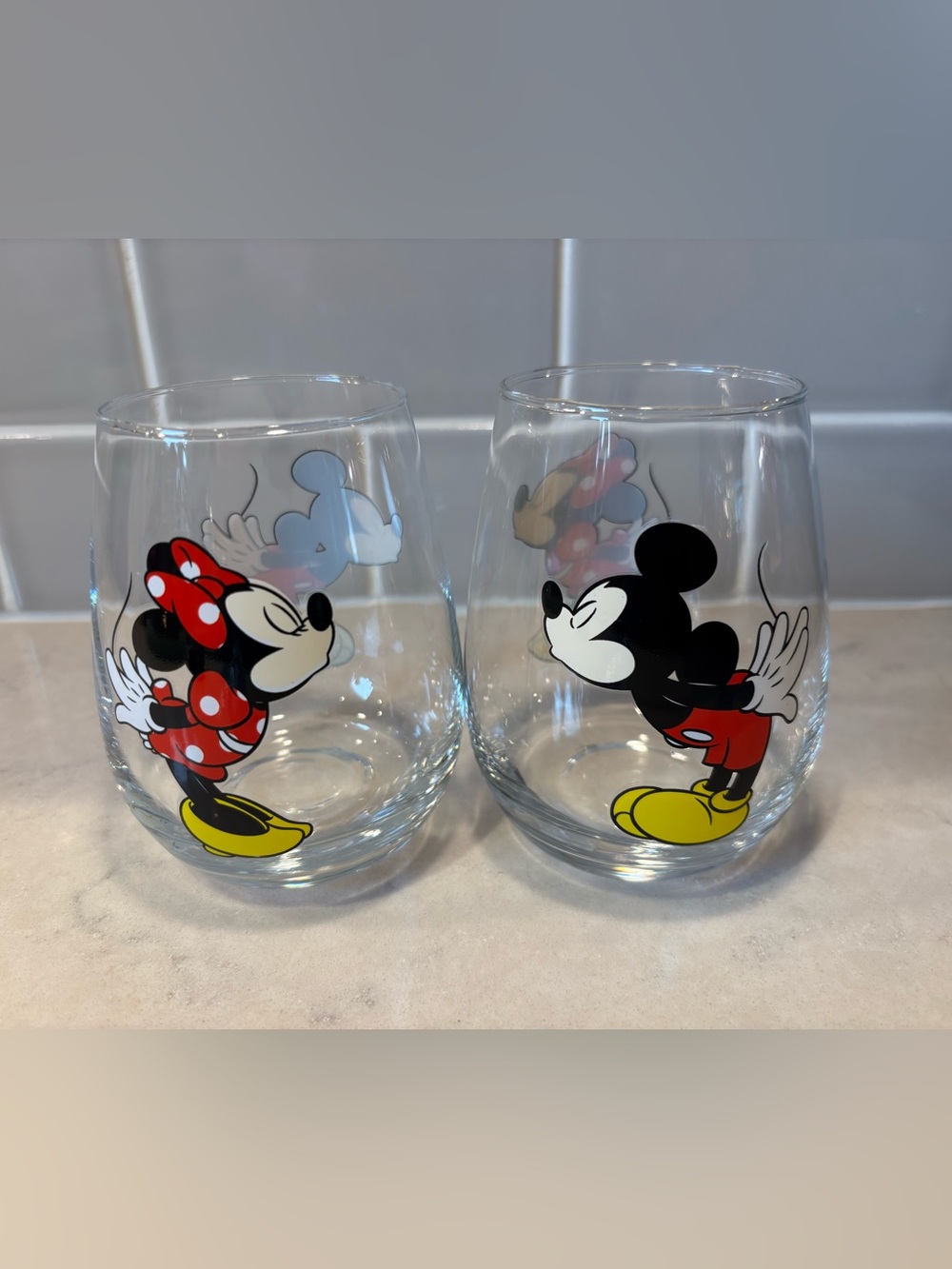 Disney Mickey & Minnie Stemless Wine Glasses with Red, Yellow, Black Accents